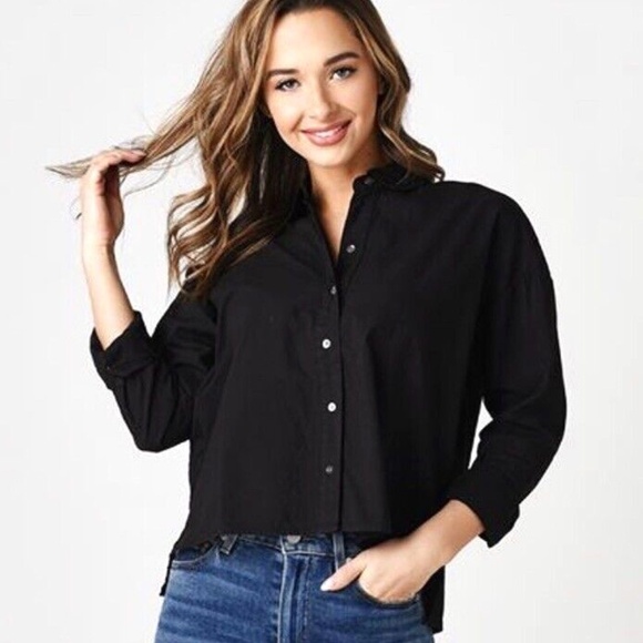 James Perse Women's Black Oversized Cotton Lawn Cropped Button Down Shirt XL - Picture 1 of 8